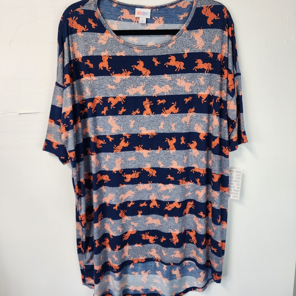LuLaRoe Irma Large NWT Unicorn Striped pattern Blue Orange High Low Blouse Shirt